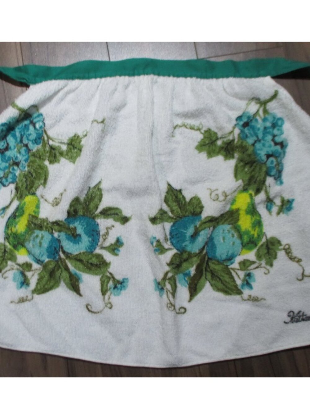 70s Cotton Terrycloth Apron White, Teal Blue, Kathaway Towels Made in Canada